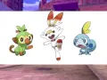 Los tres iniciales Pokémon Espada: Grookey, Scorbunny y Sobble, listos para la aventura.