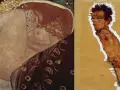 Dwie prace: "Pocałunek" Gustava Klimta, austriackiego malarza, i ekspresyjny portret mężczyzny autorstwa Egona Schiele.