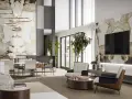 Idee arredare salotto e sala da pranzo insieme: un ambiente moderno con pareti in pietra, mobili di design e illuminazione scenografica.