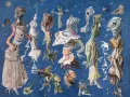 Un tableau aux créatures étranges et oniriques, évoquant le surréalisme. Des formes organiques et mécaniques se mêlent sur fond bleu.