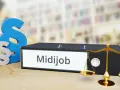 Ein Ordner mit der Aufschrift "Midijob", daneben ein Paragrafenzeichen und eine Waage. Das Symbol für Recht und Ordnung, das die Regeln für einen Midijob verdeutlicht.