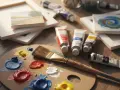 Palette en bois avec des touches de peinture à l'huile, un pinceau, des tubes de couleur et des toiles. Prêt à commencer la peinture à l'huile.