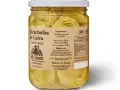 Tarro de cristal con corazones de alcachofa en conserva, marca "El Chato", producto de España.