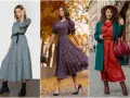 Tres mujeres lucen vestidos midi. Una lleva un vestido gris con botas negras. Otra, un vestido floral con tacones. La tercera, un vestido rojo con abrigo verde y botas. Ideas de qué ponerse encima de un vestido midi.
