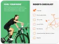 Woman on a bike trainer reaching for a donut, with a checklist for Zwift getting started.