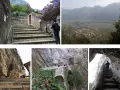 Un uomo sale una scalinata di pietra, parte del sentiero della speranza. Altri scorci mostrano un panorama, una chiesa rupestre e un ponte tra le rocce.