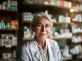 Uśmiechnięta farmaceutka w okularach, w białym fartuchu, wśród aptecznych półek. To ulga dla pracujących seniorów, którzy szukają tu wsparcia.