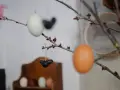 Påskris med ägg och små fåglar av papier maché. En rosa fjäder sticker upp.