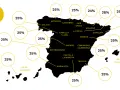 Mapa de España con porcentajes de impuesto de sociedades por comunidad autónoma. La mayoría muestra un 25%.