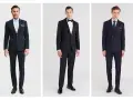 Trzech mężczyzn prezentuje eleganckie pan młody stylizacje: klasyczny granatowy garnitur, czarny smoking i dwurzędowy garnitur w kratę.