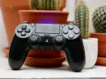 Czarny pad do PlayStation, gotowy do gry. W tle kaktusy w doniczkach.