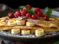 Deliziose crepes dolci con banane, lamponi e gocce di cioccolato, una perfetta ricetta per la colazione o la merenda.