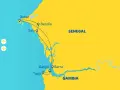 Mapa podróży po Senegalu i Gambii, Afryka Zachodnia. Trasa obejmuje Dakar, Saly, Bandię, Tanji, Banjul i Barrę.