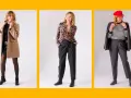 Elegancka kobieta po 60. prezentuje trzy stylizacje: w płaszczu i spódnicy, w swetrze w panterkę i spodniach, oraz w marynarce, bluzce w paski i spodniach.