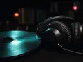 Schwarze Kopfhörer neben einer Vinylplatte, ideal für indie musik beispiele. Im Hintergrund Regale voller Platten.