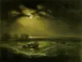 Mroczna noc, księżyc przebija się przez chmury, fale rozbijają się o łodzie. Mistrzowskie dzieło malarza Turnera.