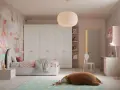 Camere ragazze moderne con letto, armadio bianco, scrivania rosa e un simpatico orso di peluche sul tappeto.