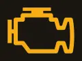 Gelbes Symbol eines Motors auf schwarzem Hintergrund. So sieht die Motorkontrollleuchte aus, wenn etwas mit dem Antrieb nicht stimmt.