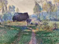 Un chemin ensoleillé mène à une chaumière, sous le regard d'un peintre impressionniste. Des silhouettes se promènent dans un paysage lumineux.