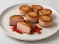 Seis medallones de solomillo a la plancha, jugosos y dorados, servidos con pimientos rojos asados y una ramita de hierbas.