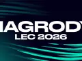 Napis "NAGRODY LEC 2026" na ciemnym tle z zielonymi pasami.
