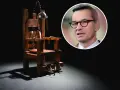 Krzesło elektryczne, symbol kary śmierci, obok portretu polityka.