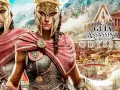 Guía para conseguir el platino en Assassin's Creed Odyssey. Dos guerreros espartanos con armadura dorada y capa roja posan ante ruinas griegas.
