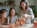 Une mère verse du kombucha dans des verres pour ses enfants. Un moment de partage autour de cette boisson fermentée, le kombucha enfant est une alternative saine.