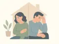 Un couple, séparé par une maison stylisée, exprime la tristesse et le désarroi d'une séparation de corps et de bien.