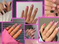Collezione di unghie rosa e nere semplici con vari design: cuori, fiamme, geometrie e glitter.