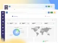 Panel de control con gráficos de pastel y mapa mundial. Muestra métricas clave y la amortización de aplicaciones informáticas.