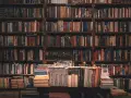 Wielka biblioteka pełna książek. Na pierwszym planie stosy książek, jedna z nich przypomina bułeczkę.