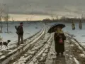 Droga błotnista, śnieg topnieje, ludzie idą w deszczu. To obraz przedwiośnia, symbolizujący nadzieję na wiosnę.