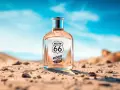Szklana butelka perfum Route 66 "Born to be Wild" stoi na piaszczystej pustyni pod błękitnym niebem.