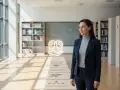 Kobieta w garniturze na tle biblioteki, wizualizacja ścieżki kariery: jak zostać psychologiem, od studiów po specjalizacje.