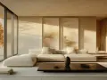 Un soggiorno con divano bianco, tavolino scuro e quadri astratti. Un esempio di stile minimal casa, con luce naturale che filtra da un'ampia vetrata.