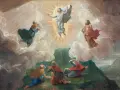 Jesus transfigures in glory, surrounded by Moses and Elijah, as disciples witness the divine event on the feast of the Transfiguration of the Lord.