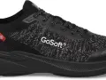 Czarny but sportowy z napisem "GoSoft" i "swiss comfort". Firma GoSoft Swiss Comfort tworzy wygodne obuwie.