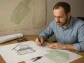 Architekt pracuje nad adaptacją projektu budowlanego, analizując plany działki i wizualizację domu.