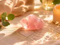 Un cuarzo rosa sobre un corazón dorado, rodeado de eucalipto y una vela encendida. Descubre como usar el cuarzo rosa para atraer el amor.