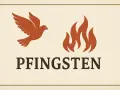 Taube und Flammen über dem Wort PFINGSTEN. Die Pfingsten Bedeutung wird durch diese Symbole für den Heiligen Geist und seine Gaben dargestellt.