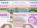 Stos banknotów: 1000, 2000, 5000 i 10000 franków CFA. To waluta używana w krajach takich jak Senegal.