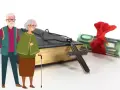 Älteres Paar neben Bibel, Kreuz und Geldrolle. Thema: Rentner zahlen Kirchensteuer.
