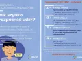 Ilustracja przedstawia mężczyznę z objawami udaru: opadającą stroną twarzy i niewyraźną mową. Obok znajduje się instrukcja TEST FAST, która pomaga rozpoznać wylew.