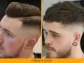 Dos hombres con un corte de pelo moderno, el "French crop", con degradado en los laterales y flequillo desordenado.