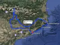 Map showing the hop on hop off Barcelona blue route, a 921 km journey through Catalonia, including stops in Girona and Montserrat.