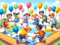 Radosne zabawy z balonami dla dzieci na kolorowej planszy. Dzieci biegną, trzymając balony, tworząc radosną atmosferę.