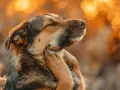 Un chien se gratte le cou, le soleil couchant illumine son pelage. Il a peut-être besoin d'un dermatologue chien.