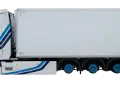 Biała ciężarówka z niebieskimi pasami i logo "TH LOGISTIC" gotowa do transportu.