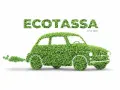 Un'auto verde fatta di foglie, con la scritta "ECOTassa" e "Sì o No?".